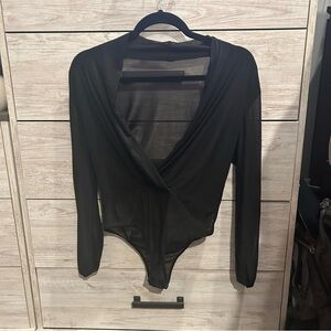 Worn once black sexy low cut mesh netting bodysuit L